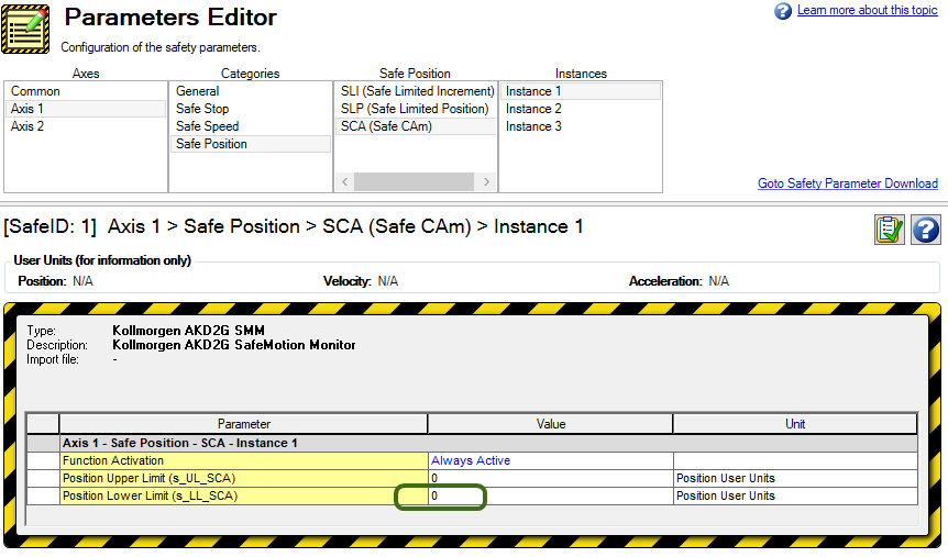 Parameters Editor with the Position Lower Limit value circled